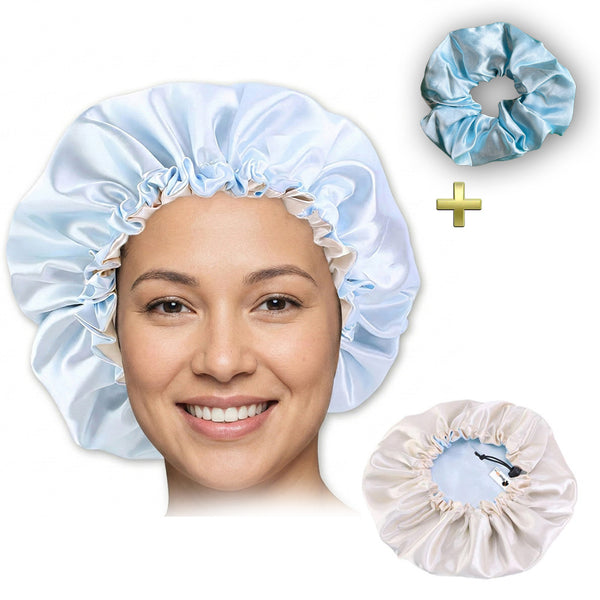 Bleu clair Bonnet en Satin + Chouchou en satin  ( Bonnet de nuit réversible en satin )