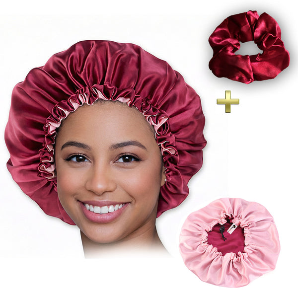 Rouge Bonnet en Satin + Chouchou en satin  ( Bonnet de nuit réversible en satin )