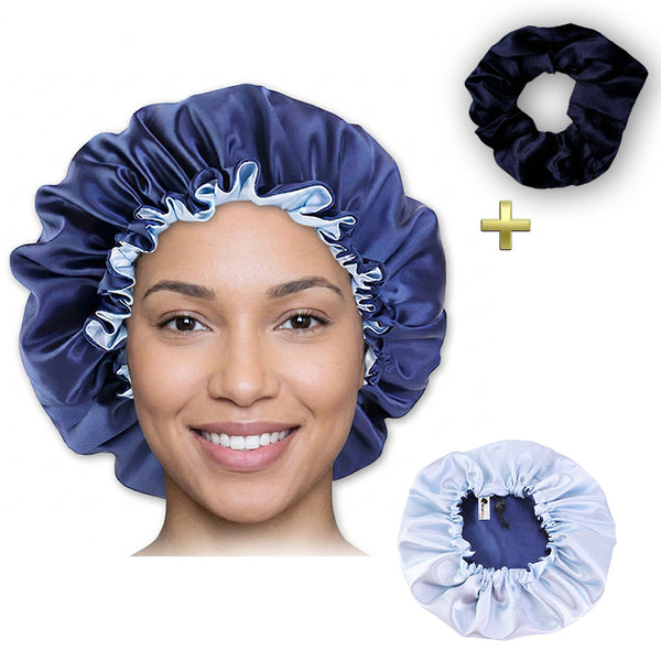 Bleu Bonnet en Satin + Chouchou en satin  ( Bonnet de nuit réversible en satin )