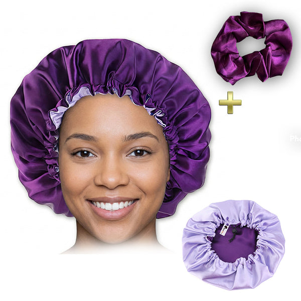 Violet Bonnet en Satin + Chouchou en satin  ( Bonnet de nuit réversible en satin )