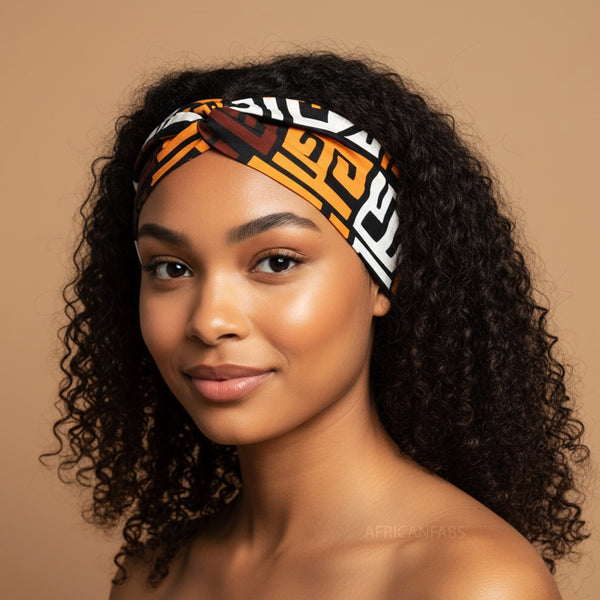 African print Headband - Adults - Hair Accessories - Brown White Kuba Blocks