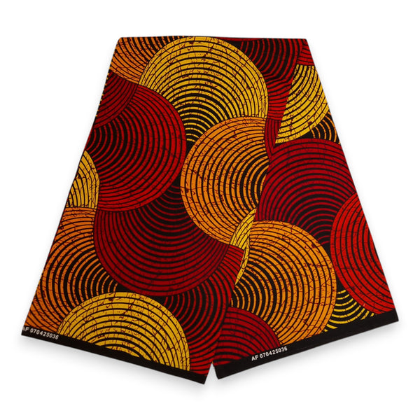 Foulard africain / Turban wax - Rouge Jaune Concentric Circle Design