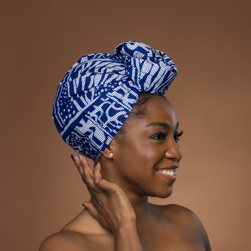 Foulard africain / Turban wax - Bleu Ndop Cameroon