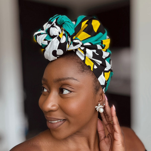 Foulard africain / Turban wax - Turquoise Jaune Samakaka / Samacaca