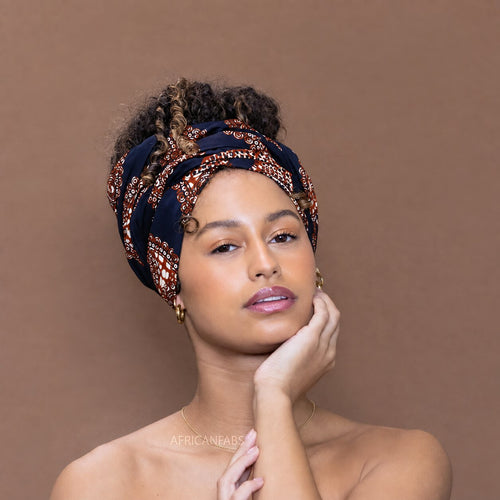 Foulard africain / Turban wax - Bleu marine Marron Paisley