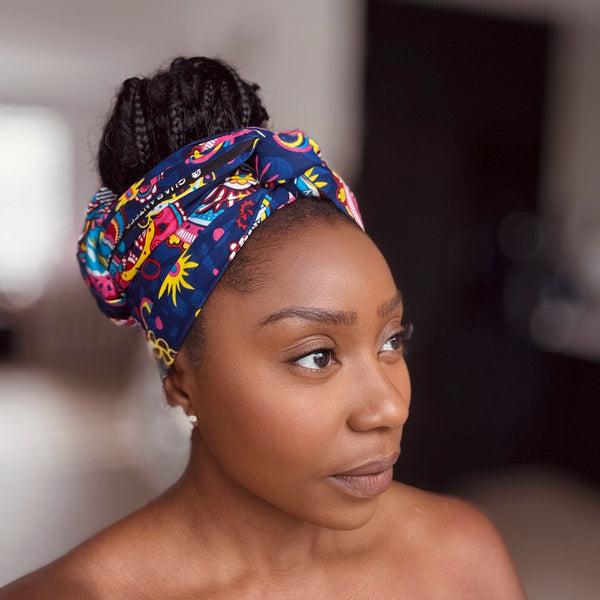 Foulard africain / Turban wax - Bleu Rose Paisley