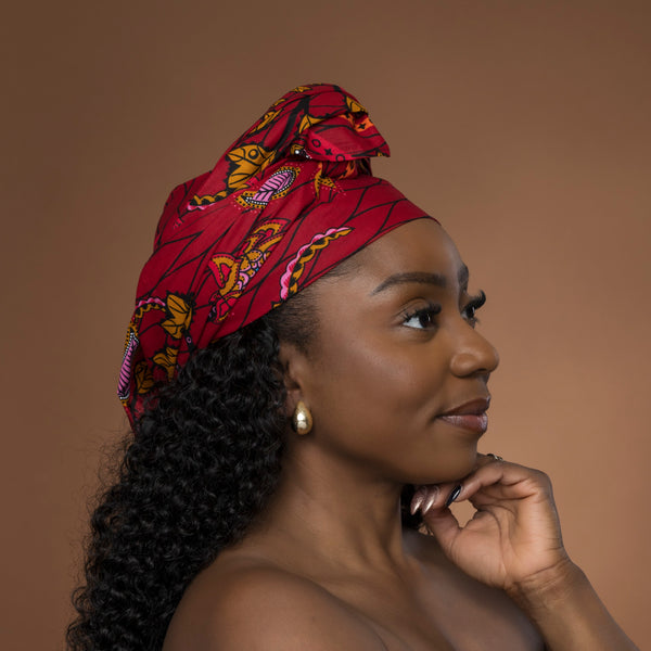 Foulard africain / Turban wax - Rouge Botanical Flow