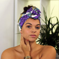 Foulard africain / Turban wax - Violet / blanc