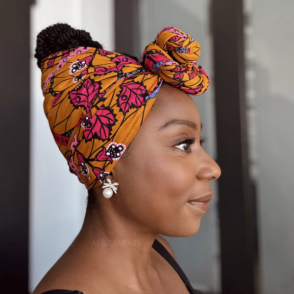 Foulard africain / Turban wax - Moutarde & Rose Botanical Flow