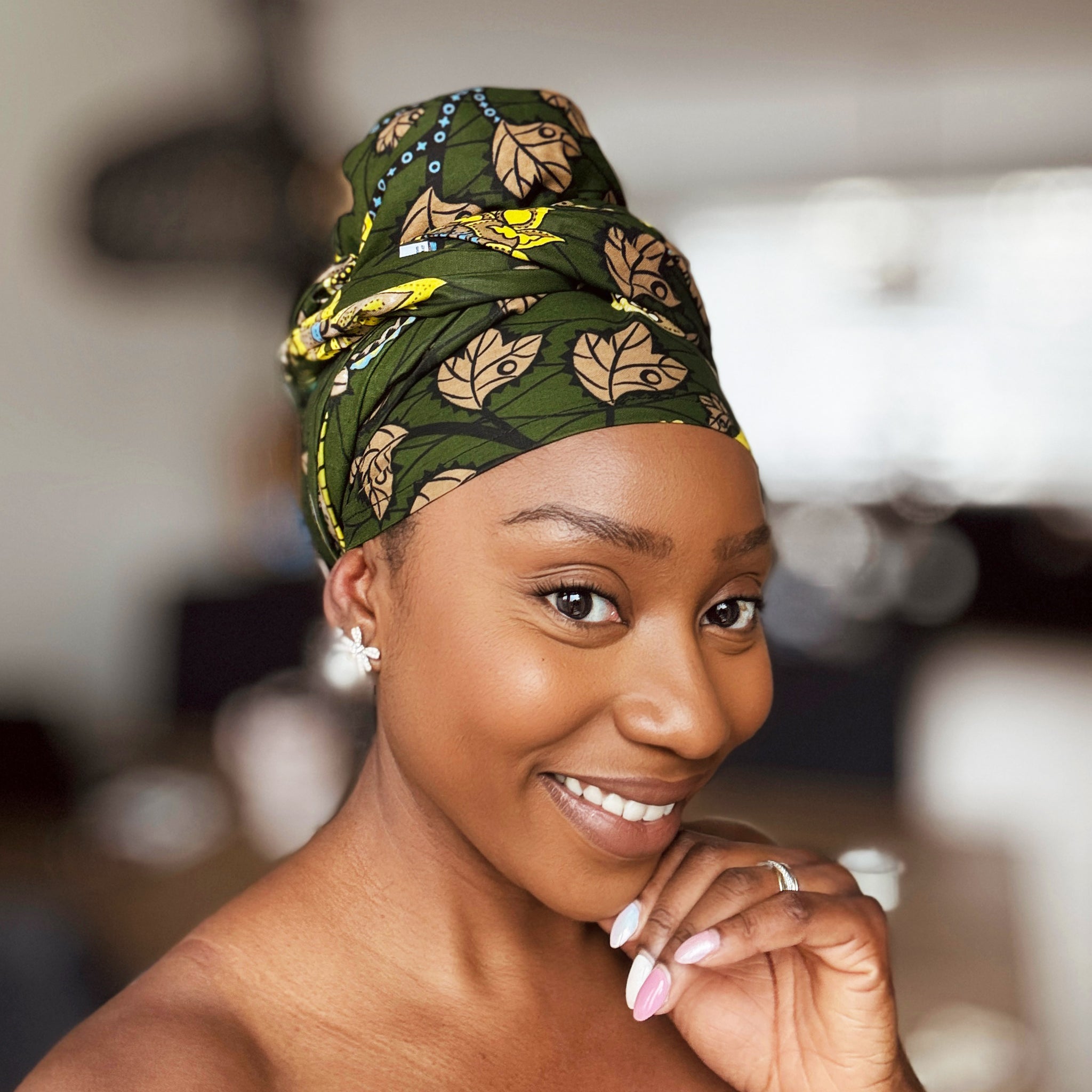 Foulard africain / Turban wax - Vert foncé & Jaune Botanical Flow