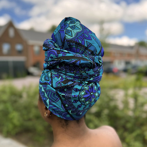 Foulard africain / Turban wax - Bleu & Turquoise Mandala Patchwork