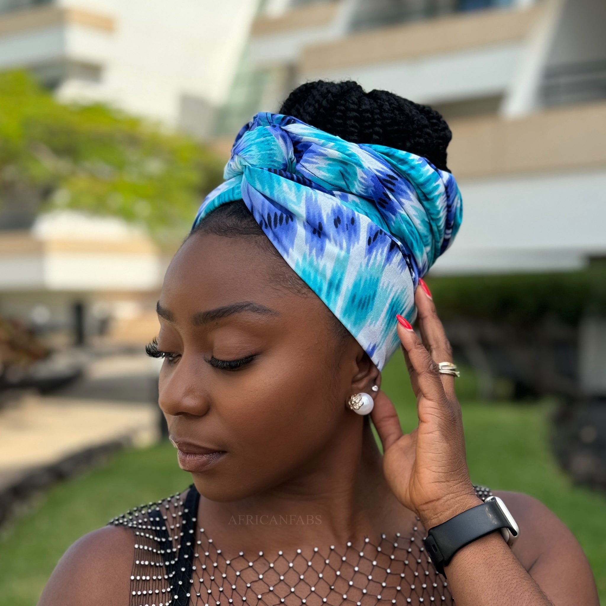 Foulard africain / Turban wax - Bleu Tie Dye