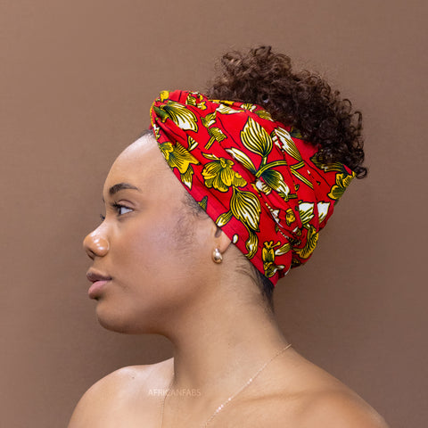 Foulard africain / Turban wax - Rouge Jaune flowers