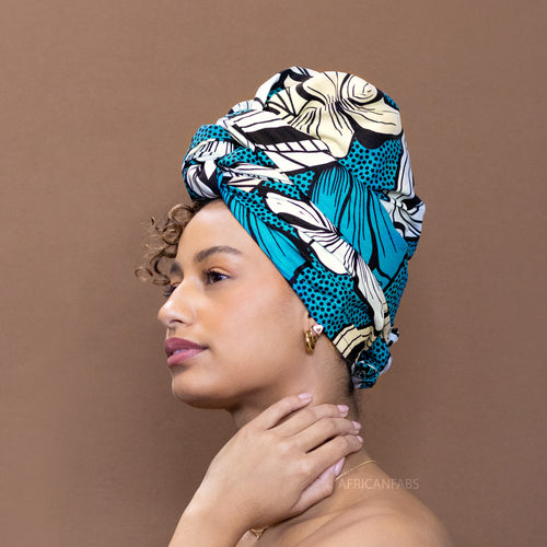 Foulard africain / Turban wax - Fleur turquoise foncé