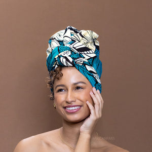 Foulard africain / Turban wax - Fleur turquoise foncé
