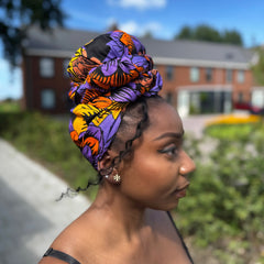 Foulard africain / Turban wax - Jaune & Violet Flowers