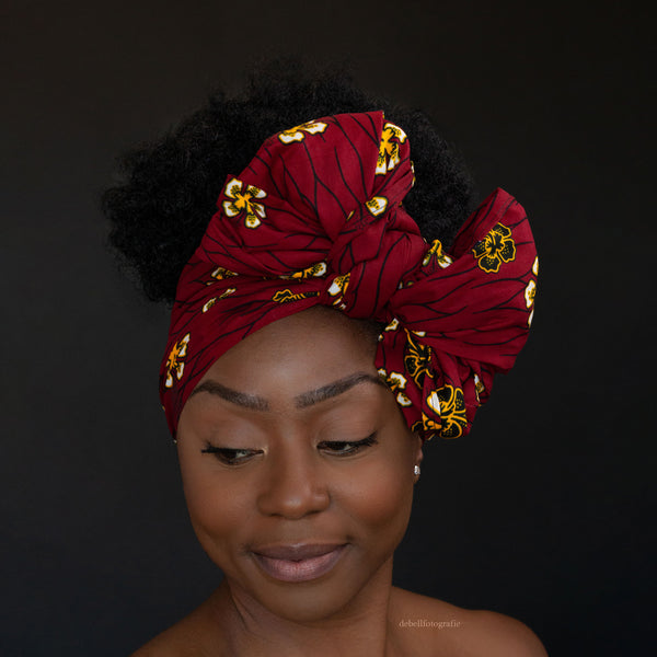 Foulard africain / Turban wax - Rouge flowers