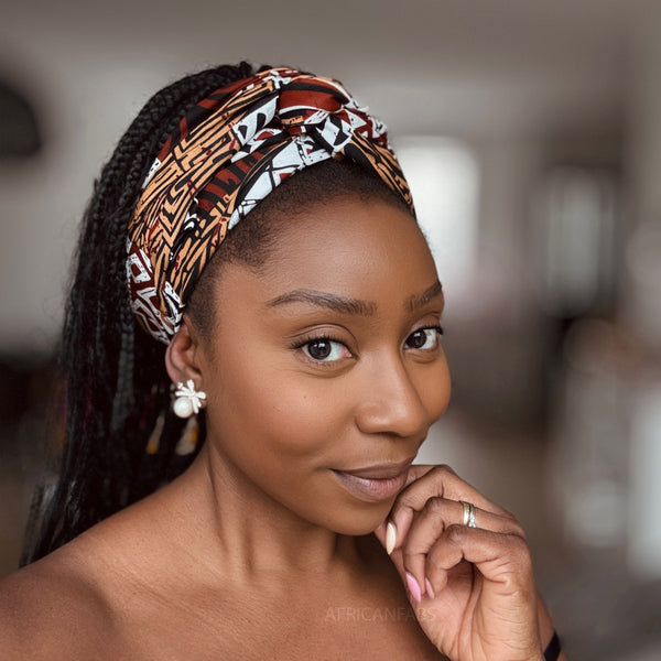 Foulard africain / Turban wax - Marron Bogolan Mosaic