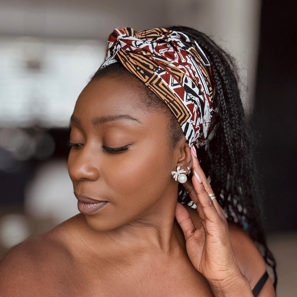 Foulard africain / Turban wax - Marron Bogolan Mosaic