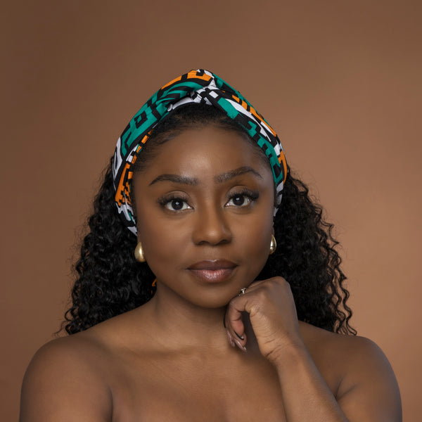 Foulard africain / Turban wax - Sarcelle Jaune Kuba Blocks Congo