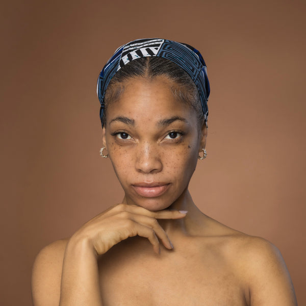 Foulard africain / Turban wax - Bleu Bogolan Mosaic