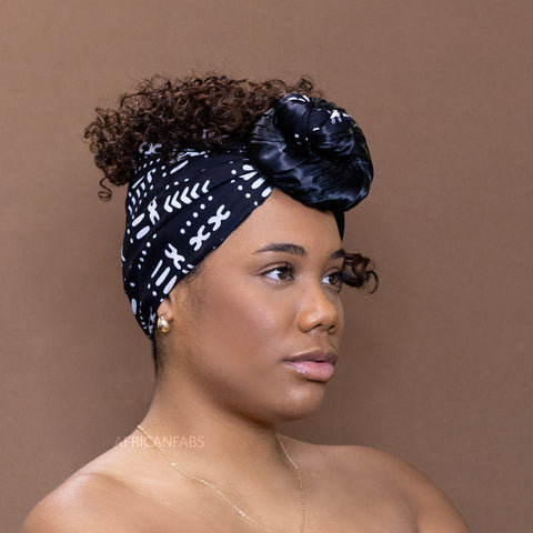 Foulard africain Noir / blanc Lin satin bogolan / mud cloth - turban wax