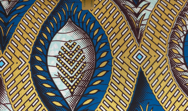 Tissu africain / tissu wax - Bleu Or Ancient Leaf Geometry - Effet spécial Brillant Platinum Edition