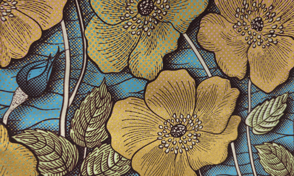 Tissu africain / tissu wax - Bleu Or Vintage Garden Bloom - Effet spécial Brillant Platinum Edition
