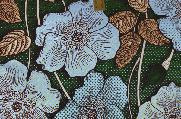 Tissu africain / tissu wax - Vert Bleu clair Vintage Garden Bloom - Effet spécial Brillant Platinum Edition