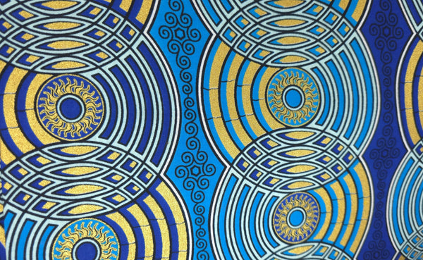 Tissu africain / tissu wax - Bleu Or Retro Circles - Effet spécial Brillant Platinum Edition