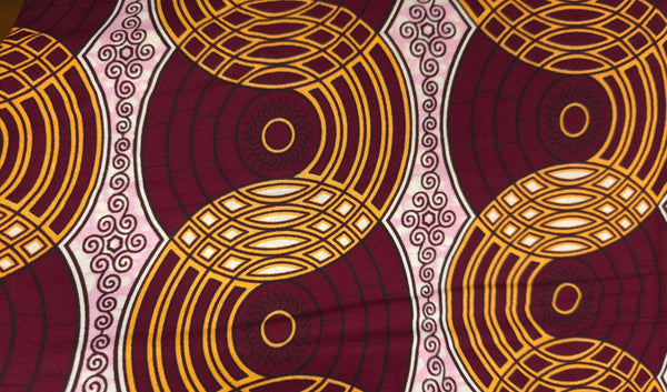 Tissu wax africain - Bordeaux Beige Retro Circles - 100% coton