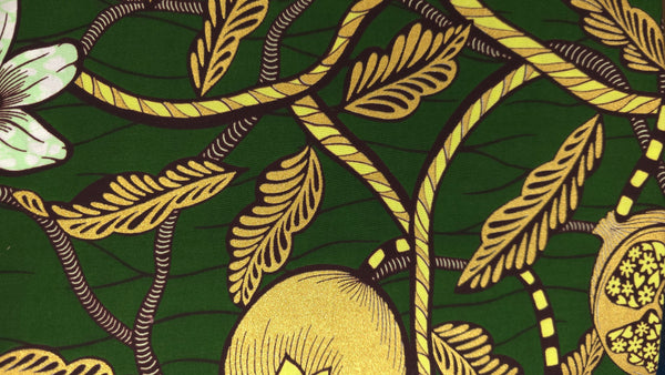 Tissu africain / tissu wax - Vert Or Cream Pomegranate Garden - Effet spécial Brillant Platinum Edition
