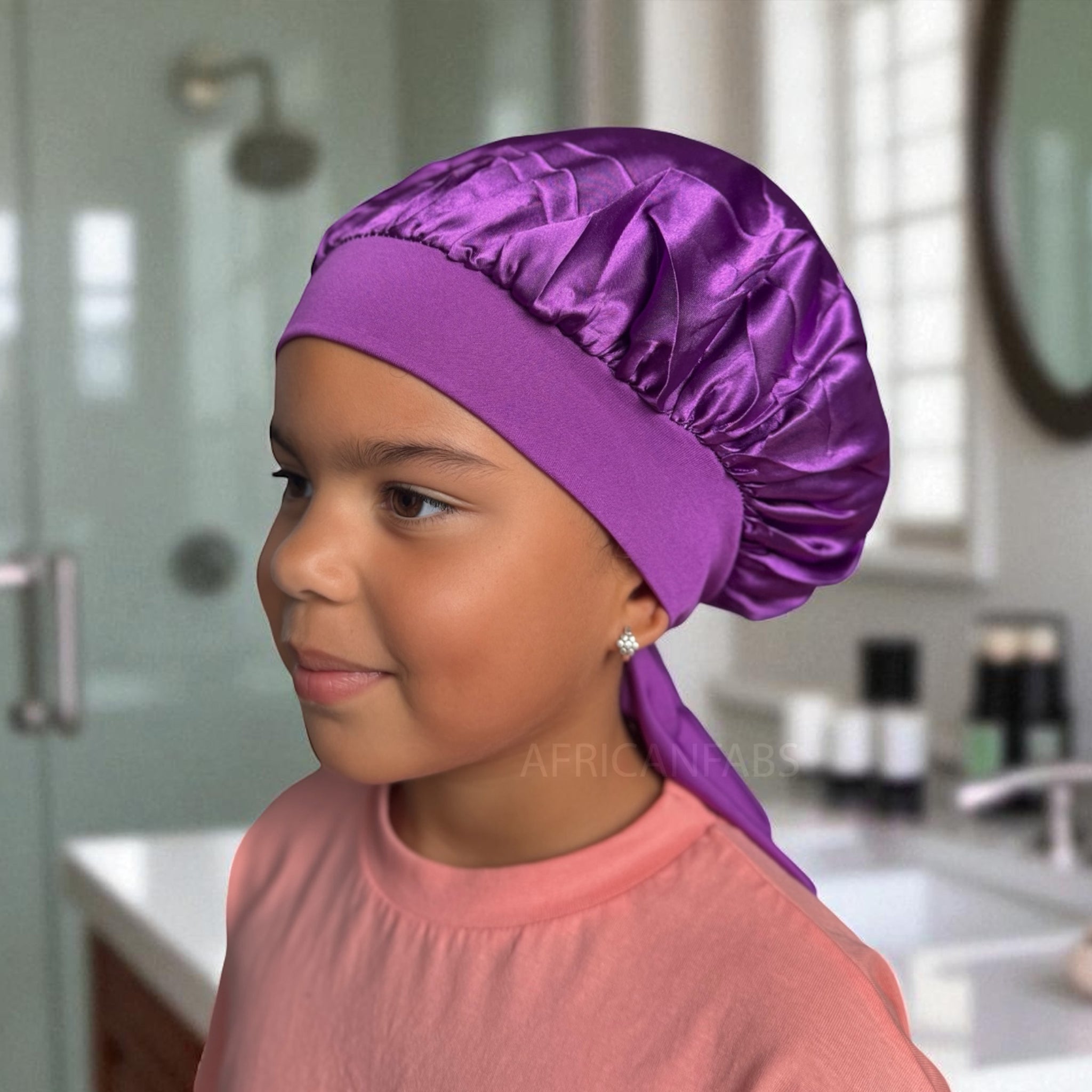 Bonnet en satin violet avec liens à nouer (taille enfant 3-7 ans) (bonnet de nuit en satin)