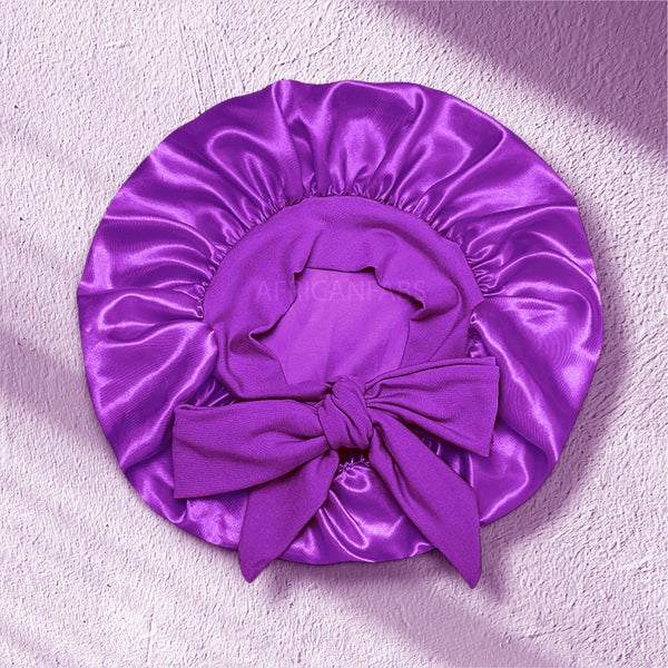 Bonnet en satin violet avec liens à nouer (taille enfant 3-7 ans) (bonnet de nuit en satin)