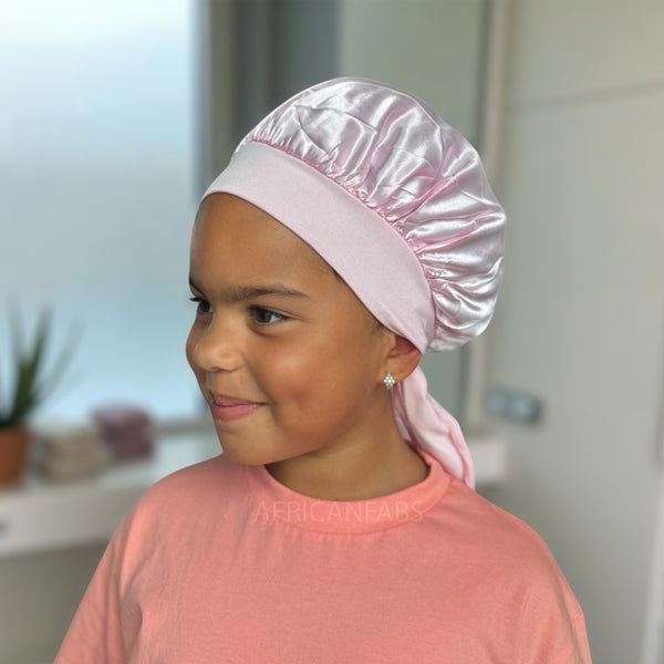 Bonnet en satin Rose avec liens à nouer (taille enfant 3-7 ans) (bonnet de nuit en satin)