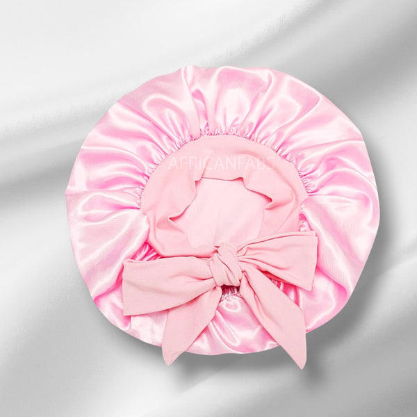 Bonnet en satin Rose avec liens à nouer (taille enfant 3-7 ans) (bonnet de nuit en satin)