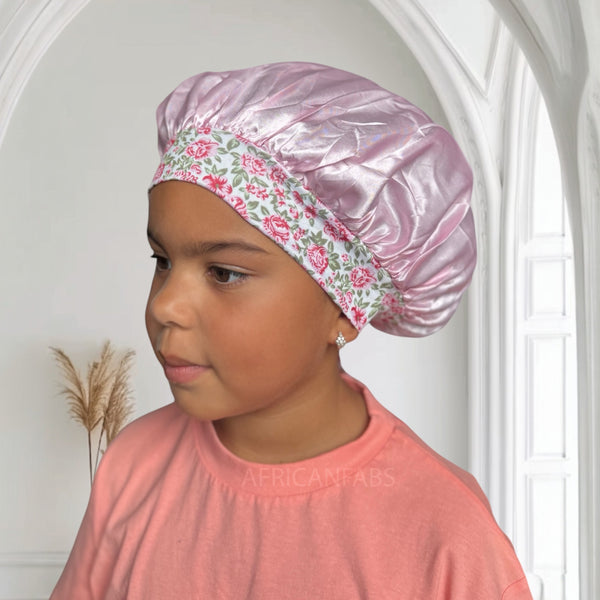 Bonnet en satin Rose fleur avec liens à nouer (taille enfant 3-7 ans) (bonnet de nuit en satin)