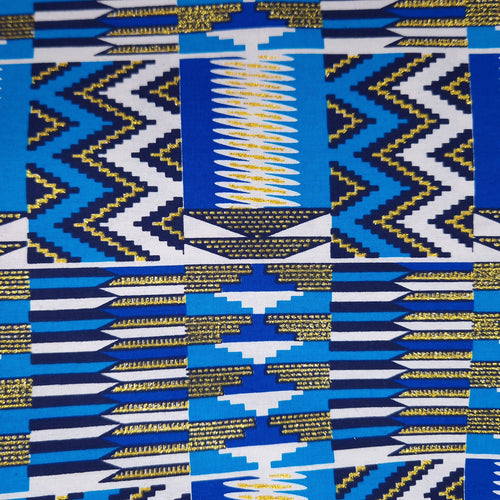 Tissu imprimé africain - Effets pailletés exclusifs 100% coton - KT-3084 Kente Or Bleu