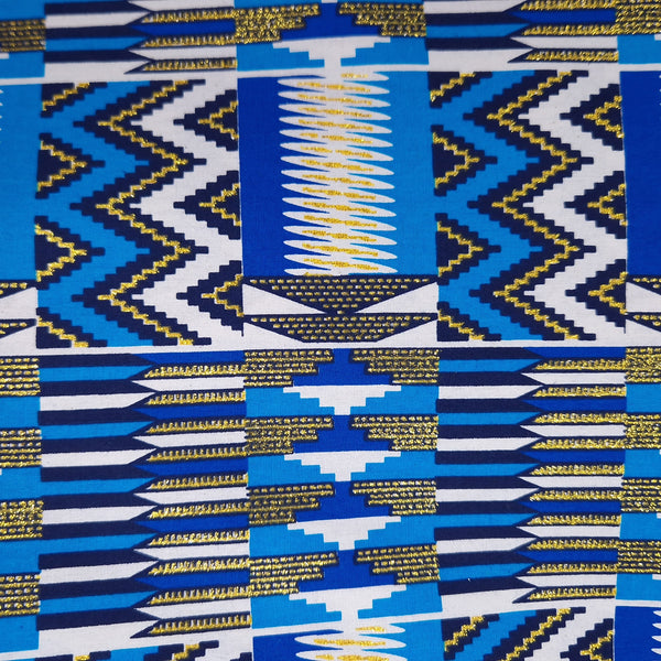 Tissu imprimé africain - Effets pailletés exclusifs 100% coton - KT-3084 Kente Or Bleu