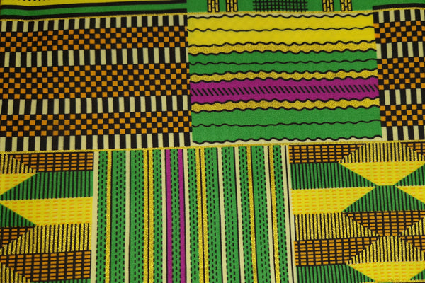 Tissu imprimé africain - Effets pailletés exclusifs - Poly - KT-3094 Or Vert Kente