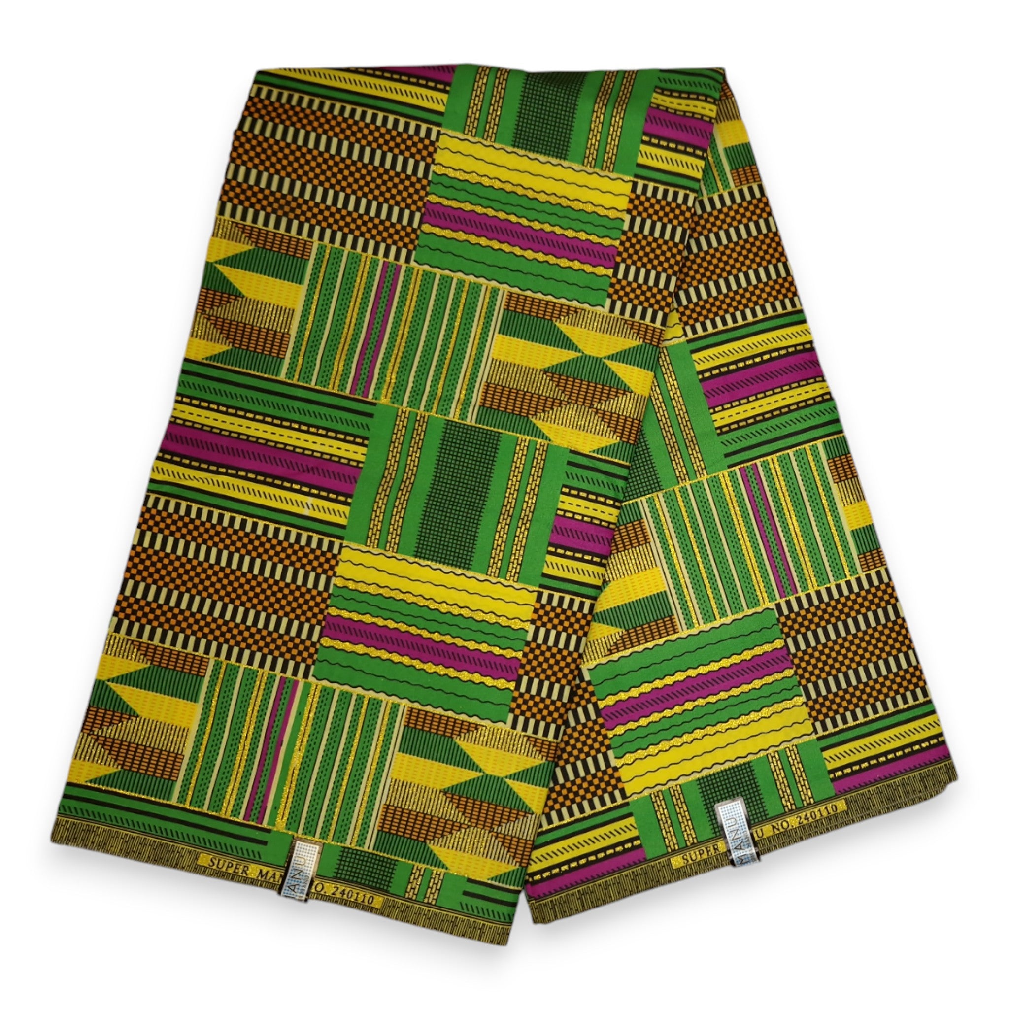 Tissu imprimé africain - Effets pailletés exclusifs - Poly - KT-3094 Or Vert Kente