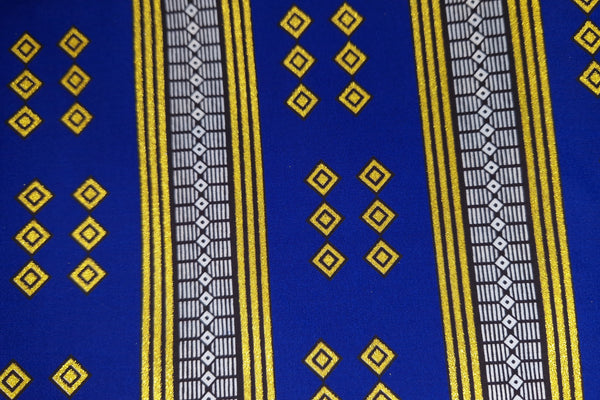 Tissu imprimé africain - Effets pailletés exclusifs - Poly - KT-3095 Or Bleu Kente