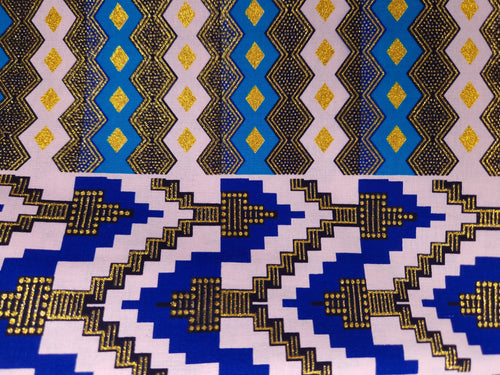 Tissu imprimé africain - Effets pailletés exclusifs 100% coton - KT-3128 Kente Or Bleu