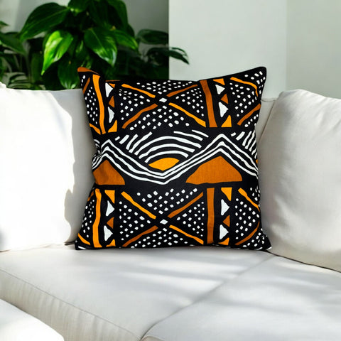 Housse d'oreiller africaine |Noir / orange mud - Oreiller décoratif 45x45cm - 100% coton