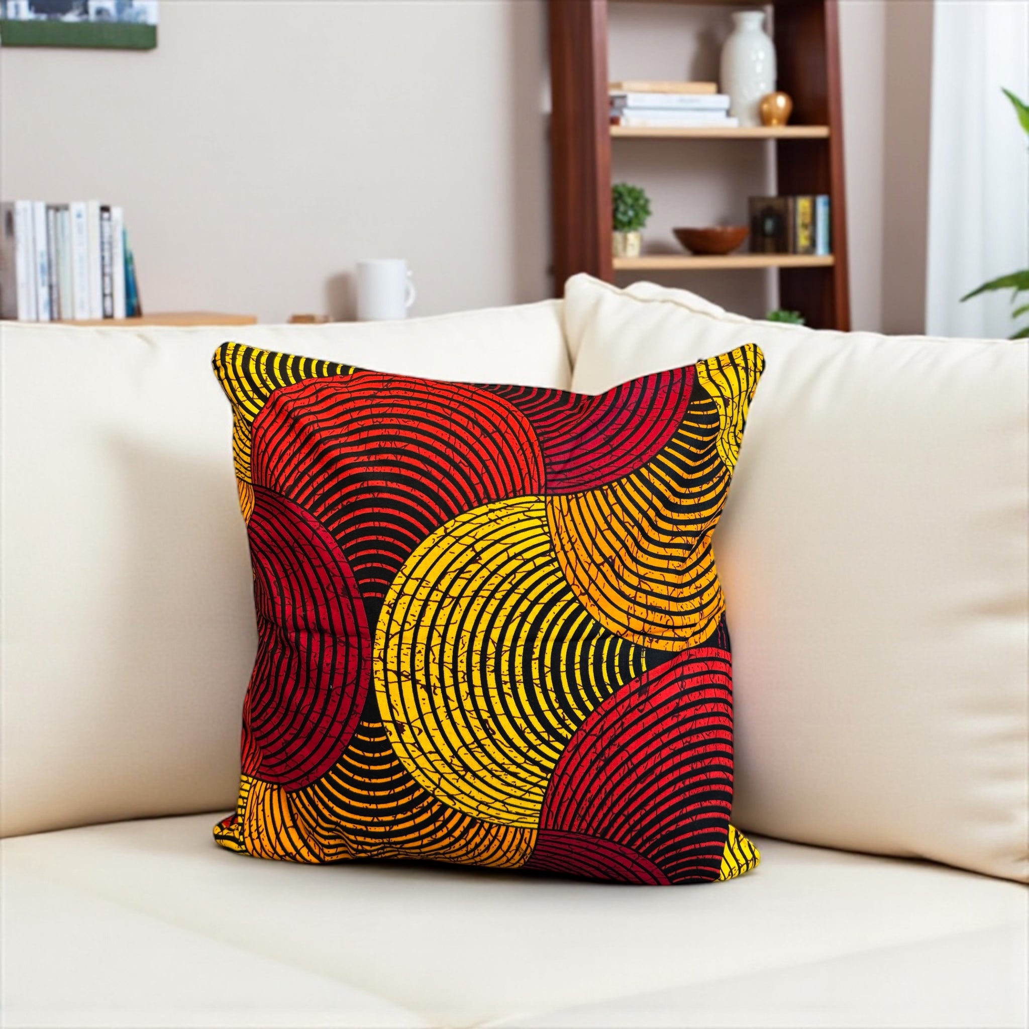 Housse d'oreiller africaine | Rouge & Jaune Cercle Concentrique - Oreiller décoratif 45x45cm - 100% coton