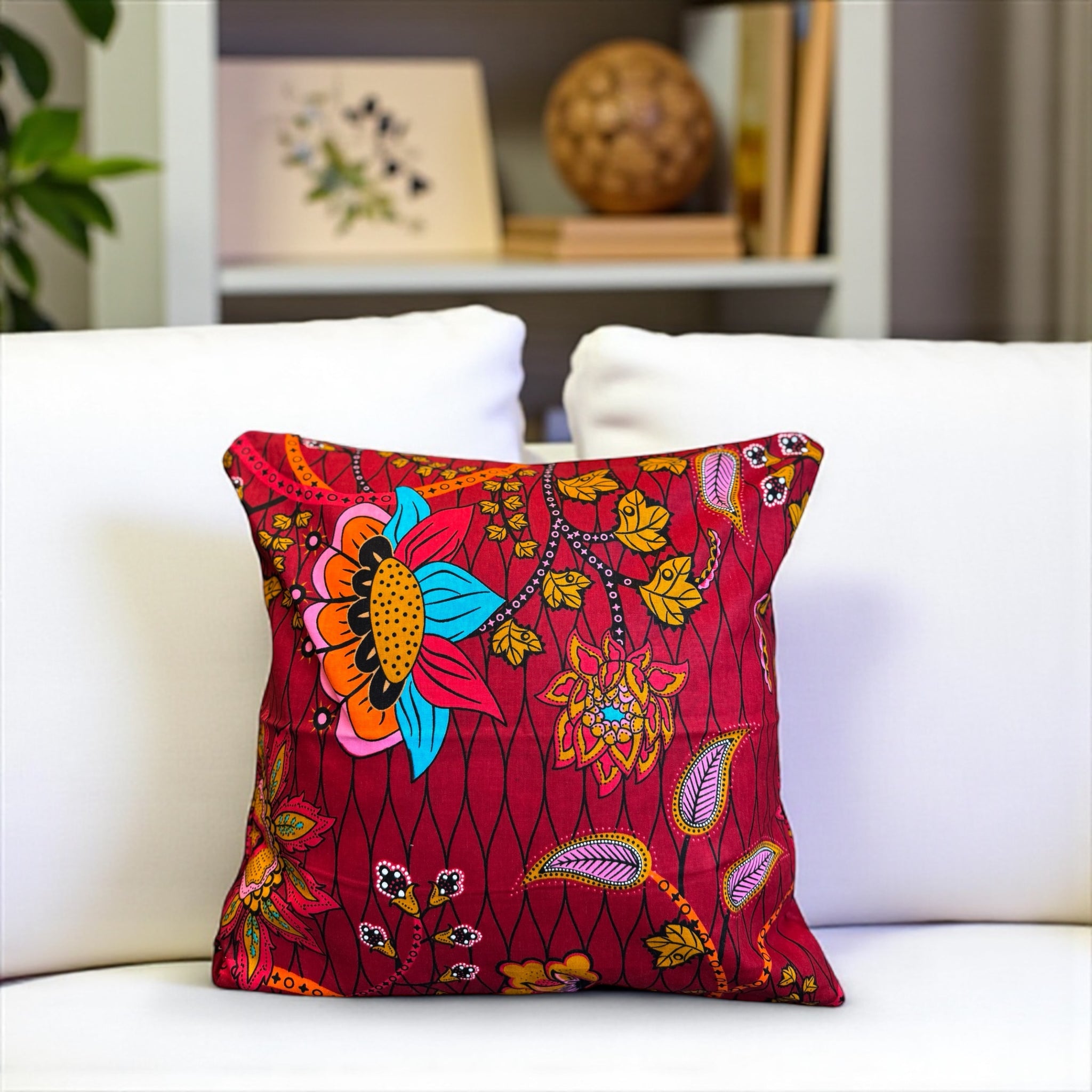 Housse d'oreiller africaine | Rouge foncé & Jaune Botanical Flow - Oreiller décoratif 45x45cm - 100% coton