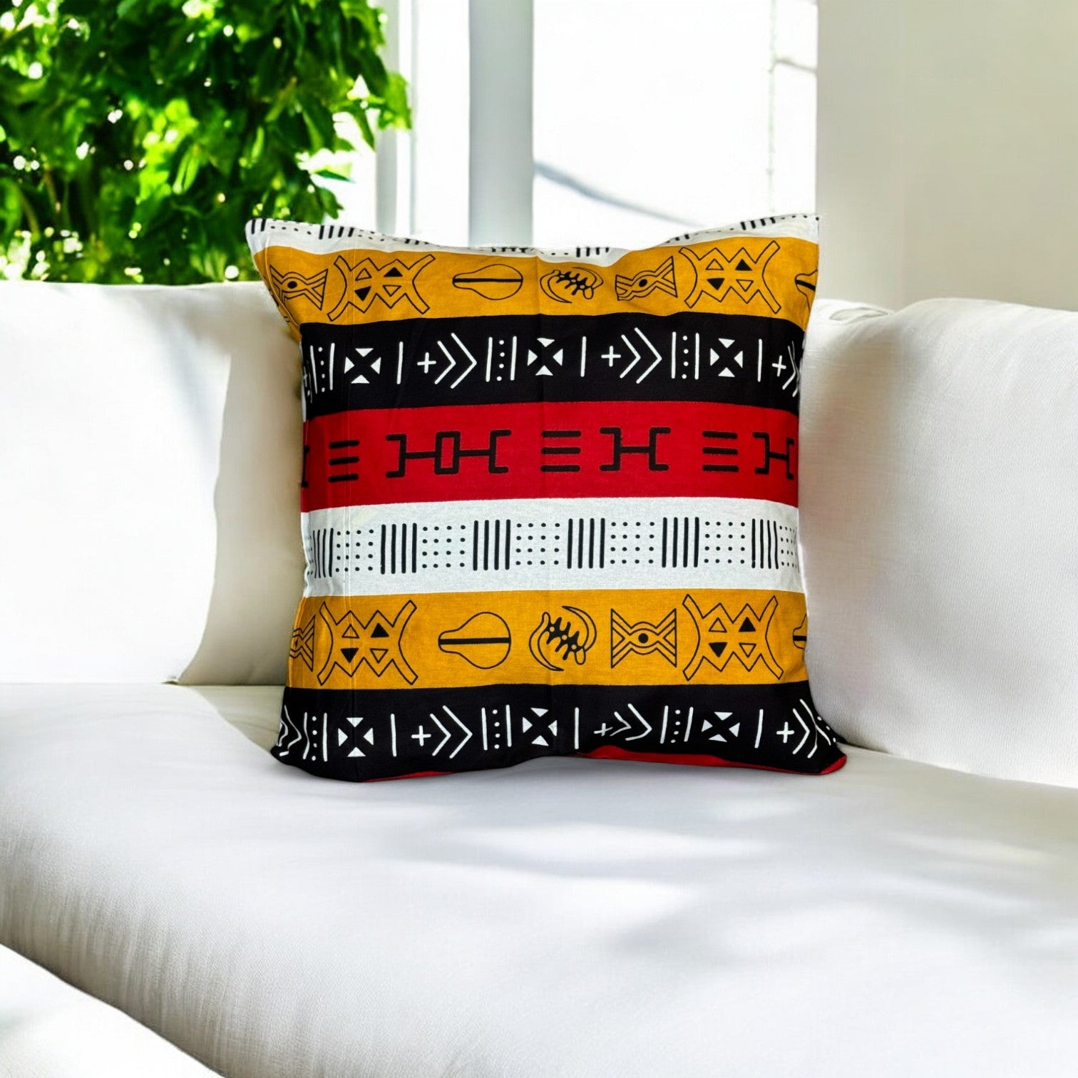 Housse d'oreiller africaine | Rouge Bogolan Symbols - Oreiller décoratif 45x45cm - 100% coton