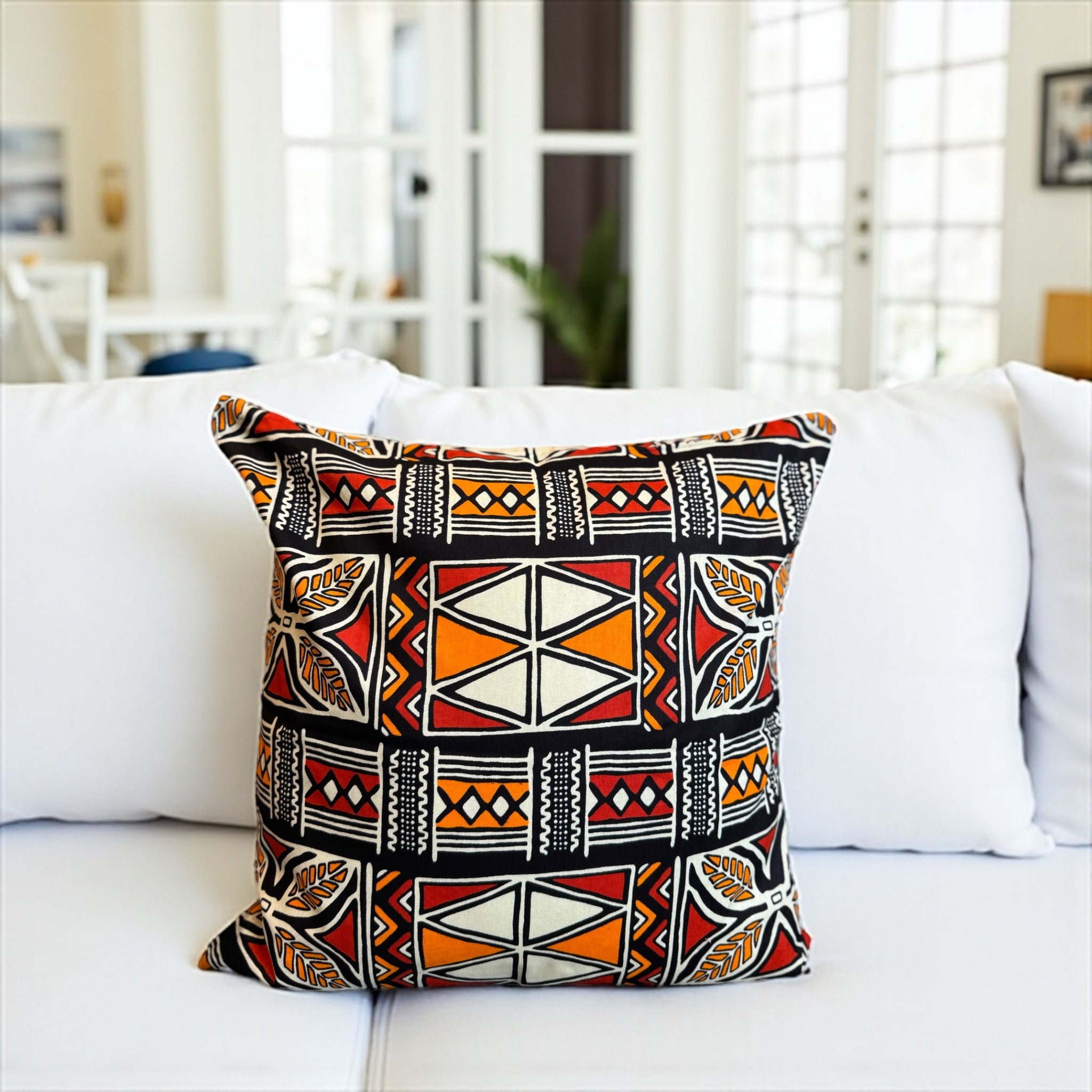 Housse d'oreiller africaine | Rouge & Orange Bogolan Symbols - Oreiller décoratif 45x45cm - 100% coton