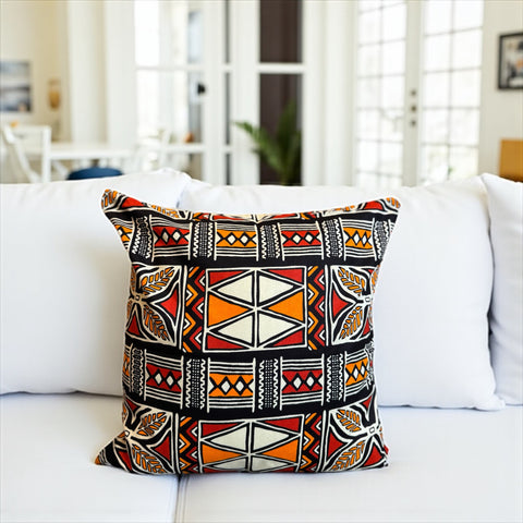 Housse d'oreiller africaine | Rouge & Orange Bogolan Symbols - Oreiller décoratif 45x45cm - 100% coton