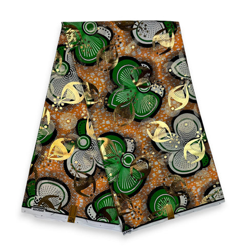 Tissu africain / tissu wax - Effets dorés - Vert Bows